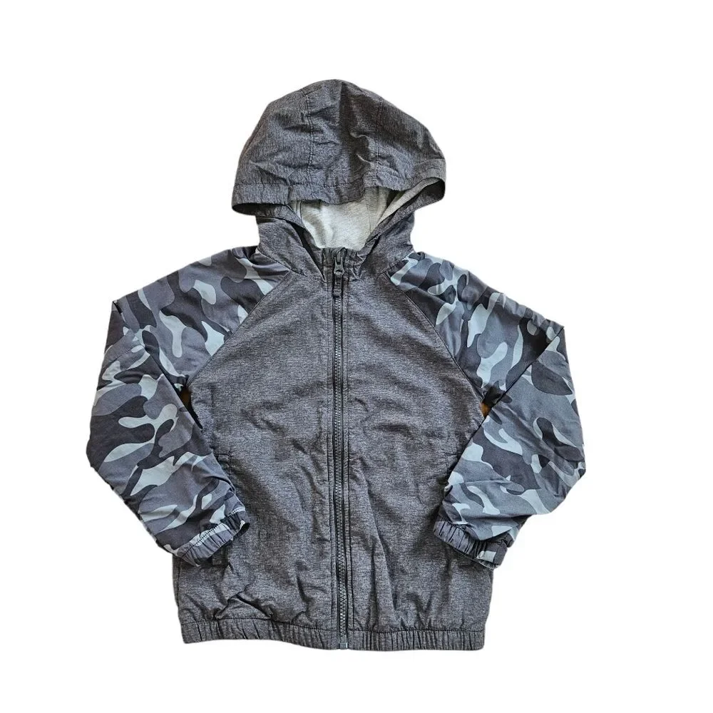 Oshkosh B'Gosh Camo Grey Hooded Zip Up Rain Jacket, 5T, Good Used Condition GUC
